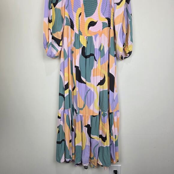 Eloquii Printed Puff Sleeve Off Shoulder Smocked Bodice Maxi Dress Size 24 - Picture 4 of 9